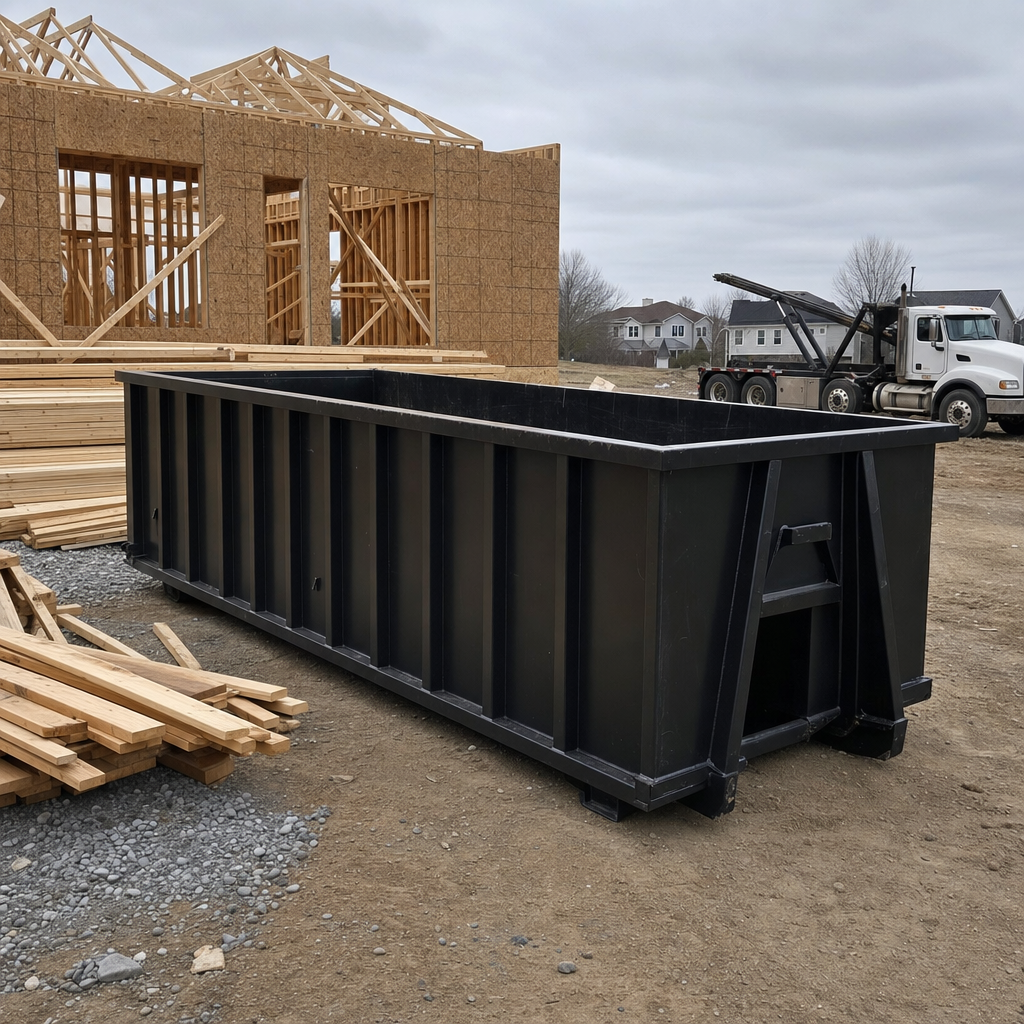 Matte-black 40-yard roll-off dumpster staged on a framed-out residential construction site in Norman, framing lumber stacked nearby, hooklift delivery truck visible in the background under bright Colorado daylight