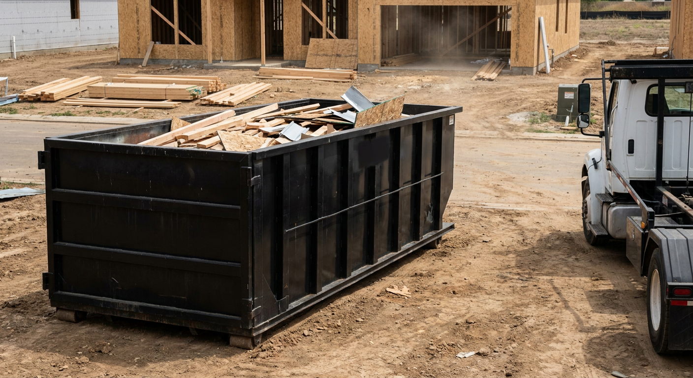 Matte-black 20-yard roll-off construction dumpster with heavy ribbed steel sidewalls and swing rear doors at a working jobsite in Norman, sitting directly on compacted dirt with an unmarked white hauler partially visible at the far edge of the frame.