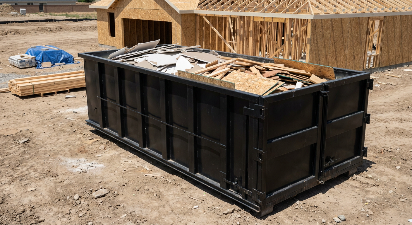 Matte-black 30-yard roll-off construction dumpster sitting directly on the compacted-dirt site of a framed single-family home build in Norman, drywall and lumber scrap loaded inside.