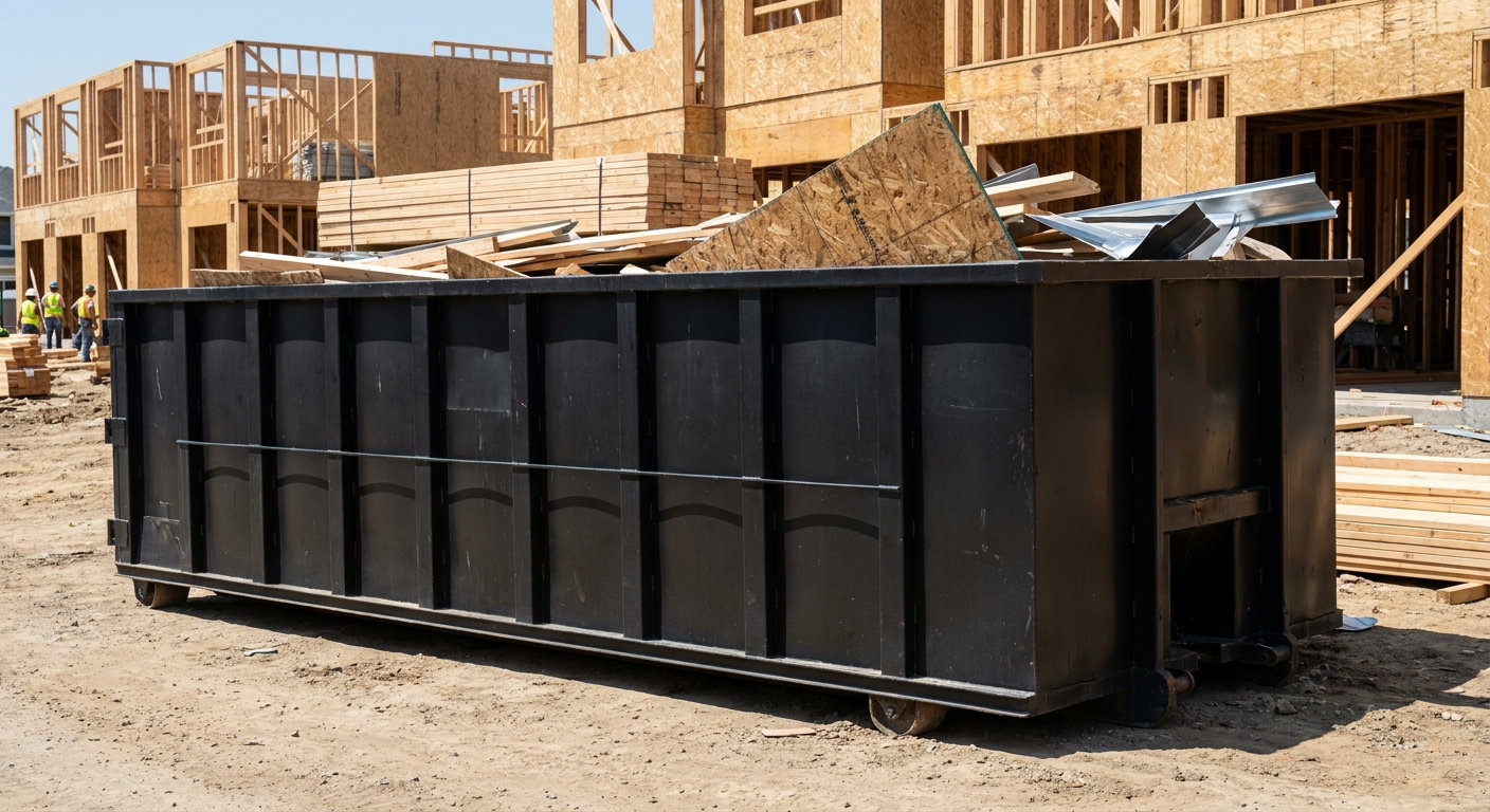 Matte-black 40-yard roll-off construction dumpster being lowered from a white-cab hooklift delivery truck onto the compacted-dirt jobsite at a commercial build site in Norman
