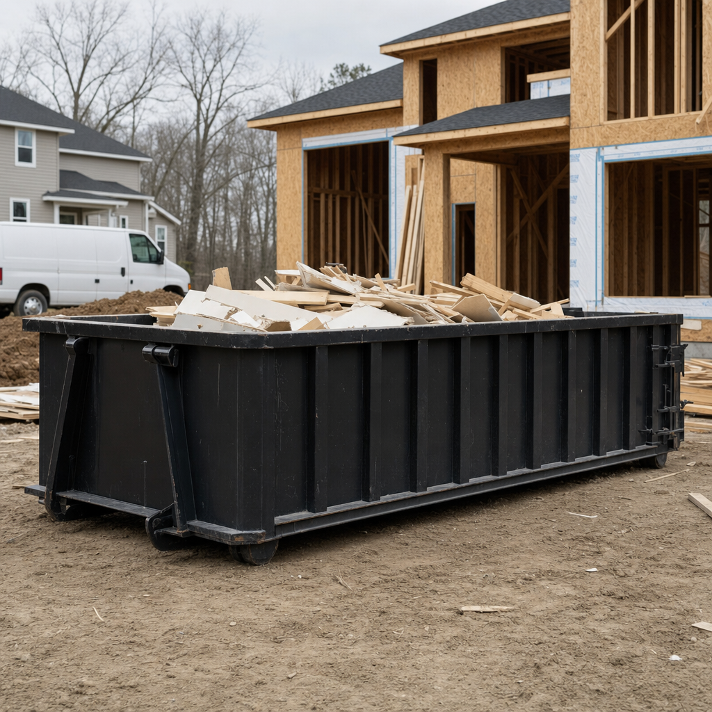 Worker in a yellow high-visibility vest tossing framing lumber and broken drywall into a matte-black 30-yard construction roll-off dumpster on an active build site in Norman, bright daylight