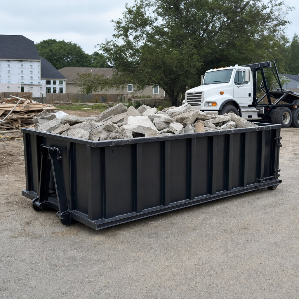 Low-profile matte-black lowboy roll-off dumpster loaded with broken concrete slab and rebar at a foundation tear-out in Norman, skid steer parked beside it, sunny Colorado morning