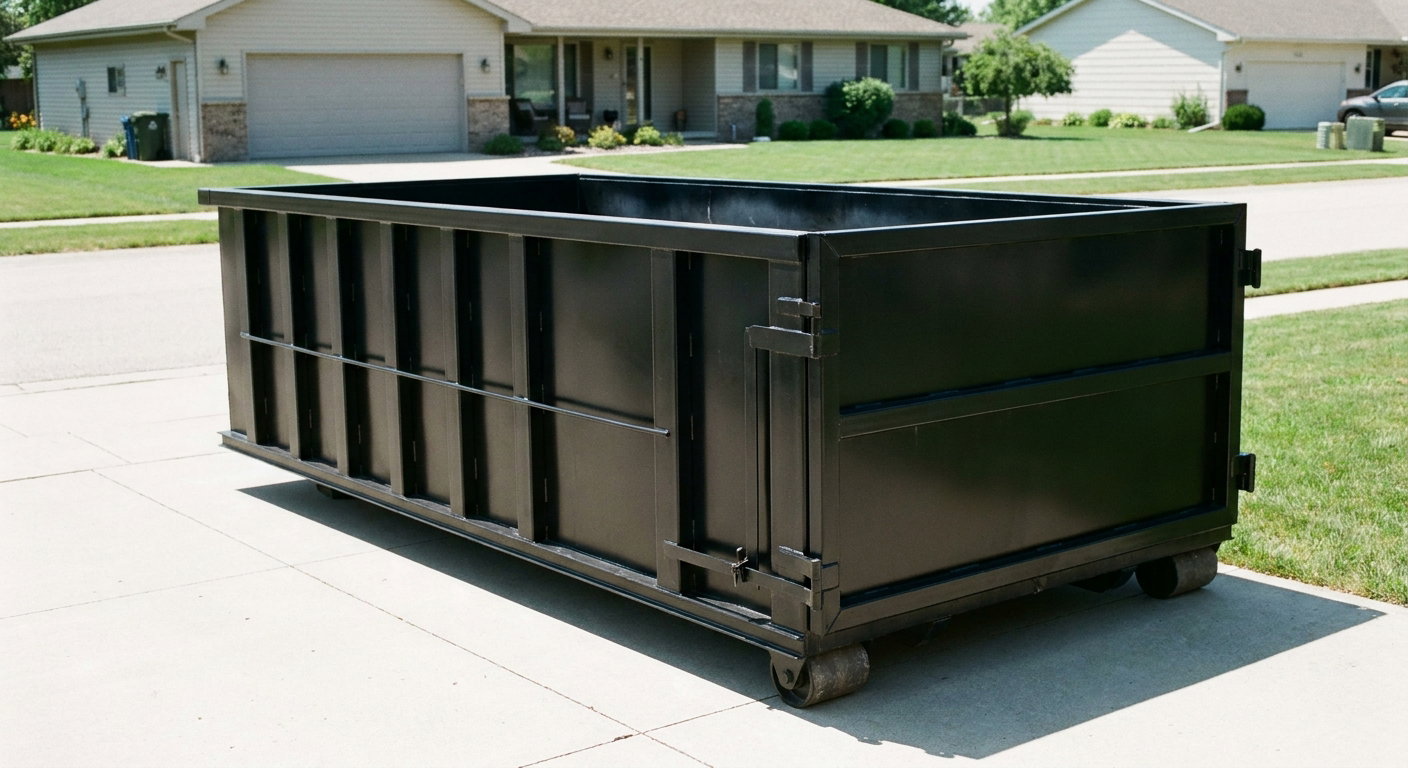 Matte-black 10-yard roll-off dumpster on a residential concrete driveway in Norman, uniformly painted matte black across every panel and rail, ribbed steel sidewalls and rear swing door visible, mid-day daylight.