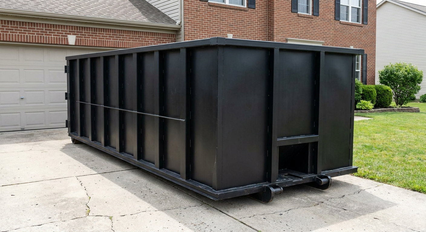 Matte-black 20-yard roll-off container on a Norman residential concrete driveway with reinforced ribbed steel sidewalls and a hinged rear walk-in door, clean bright daylight.
