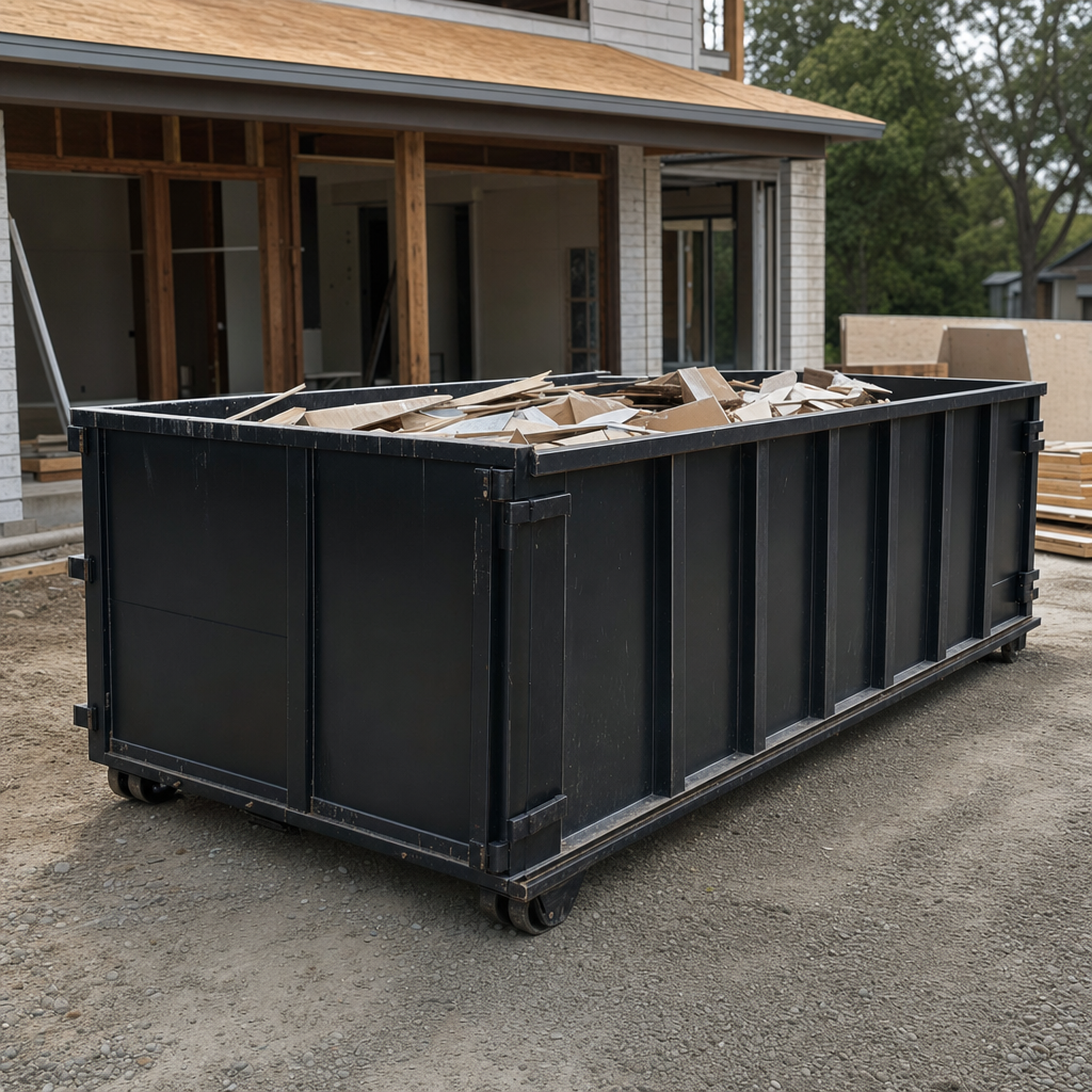 Large matte-black 30-yard construction roll-off dumpster at an active Norman jobsite, steel-gray top rails and bottom rollers visible, loaded with construction debris.
