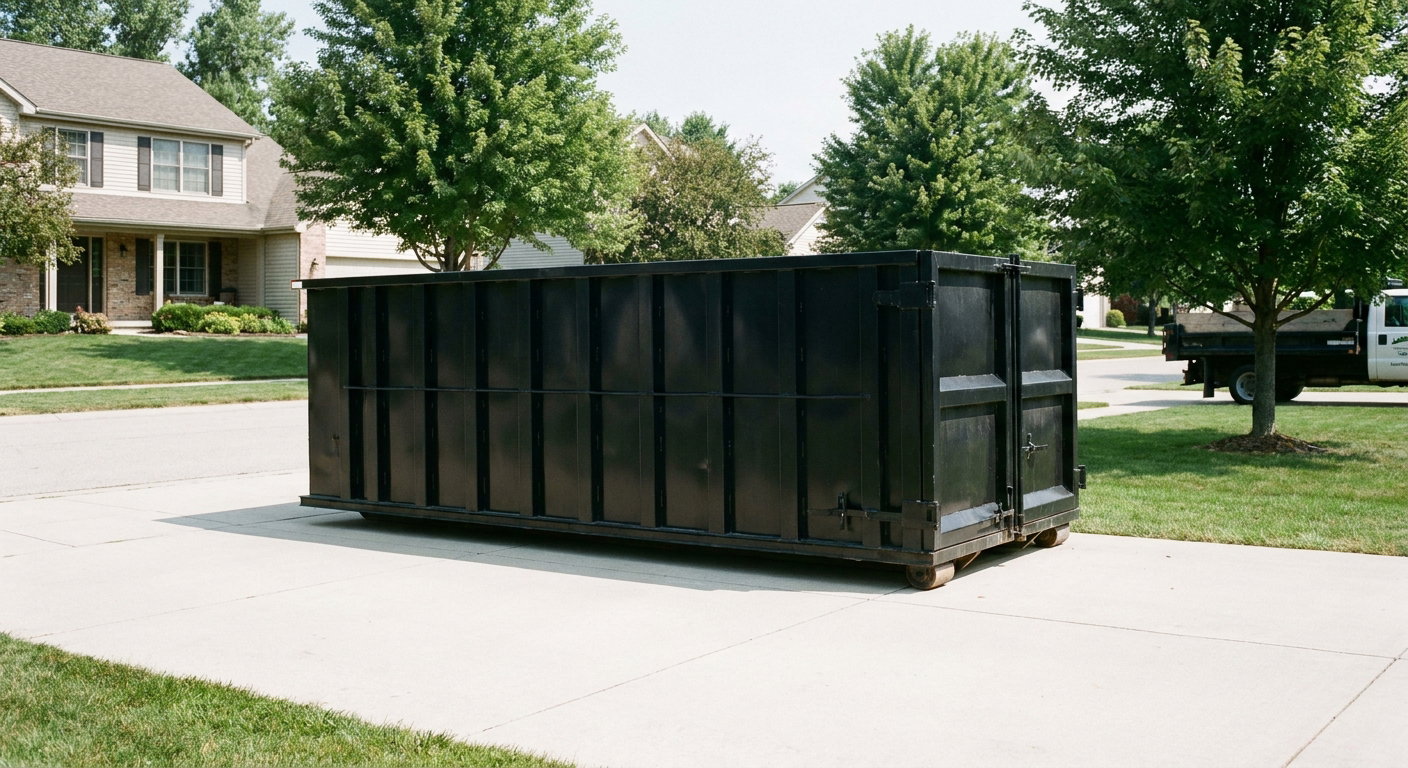 Matte-black 20-yard roll-off dumpster sitting level on a clean Norman residential concrete driveway under bright daylight, demonstrating clean placement directly on the concrete.