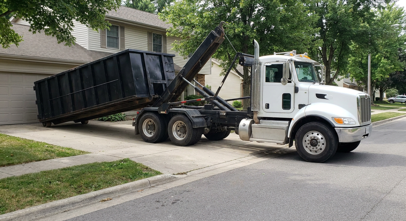 White-cab hooklift roll-off truck actively lowering a matte-black dumpster onto a Norman residential concrete driveway, the dumpster's rear wheels touching the driveway as the hoist arm tilts the bed forward, mid-morning daylight.