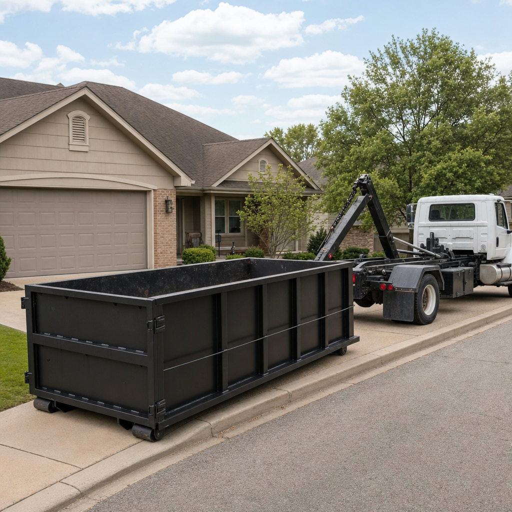 Wide documentary shot of a matte-black roll-off dumpster on a Norman residential driveway in the foreground and a contractor jobsite container in the soft-focus background, bright daylight, calm and orderly composition.