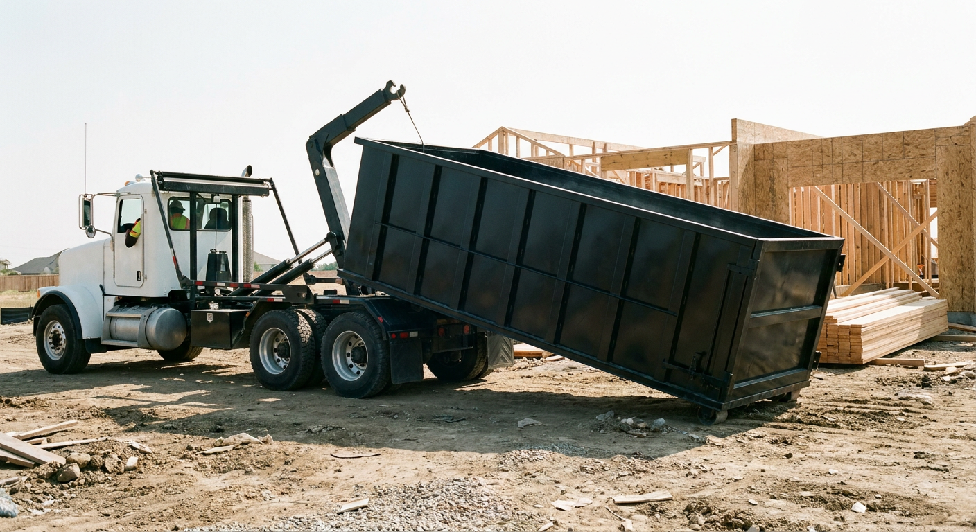 Matte-black roll-off dumpster being delivered onto a clean residential concrete driveway in Norman by an unmarked white hooklift hauler truck, bright morning daylight, documentary 35mm perspective.