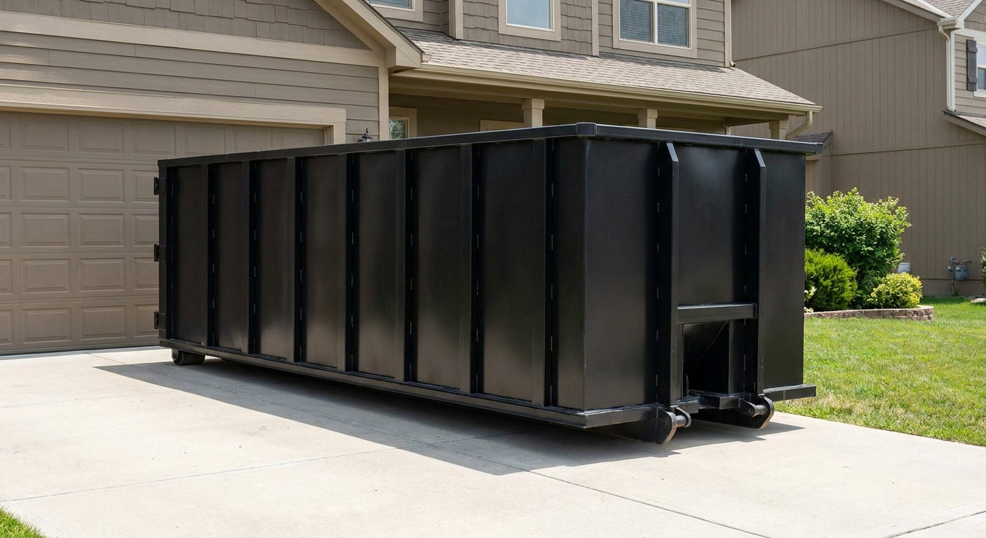 Matte-black residential roll-off dumpster sitting directly on a suburban Norman concrete driveway, garage door closed, single-family home in background, bright morning daylight.