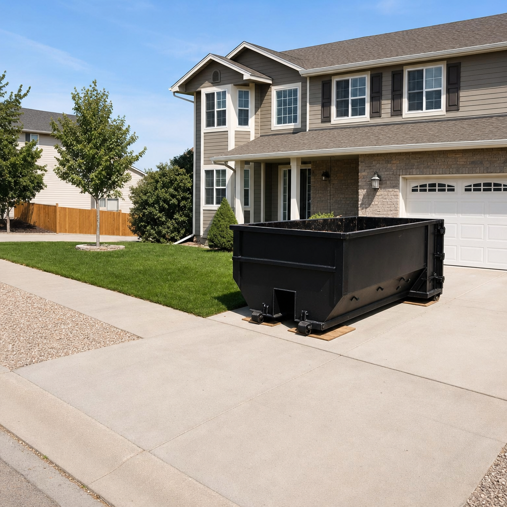 10-yard matte-black residential dumpster placed directly on a narrow Norman concrete driveway, room remains for a parked sedan beside it, mid-morning natural light