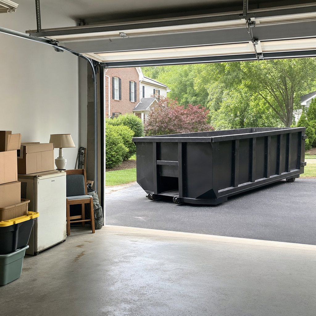 Open garage interior in a Norman home mid-cleanout — boxed items, an old appliance, and stacked yard tools queued near the driveway for a matte-black roll-off dumpster, organized and calm