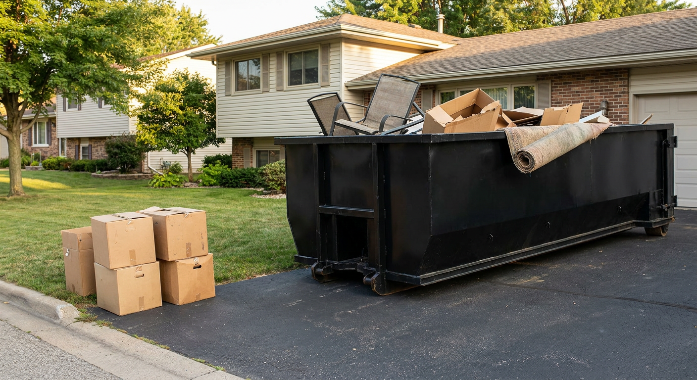 Front-yard view of a Norman split-level home with a 20-yard matte-black roll-off dumpster sitting directly on the asphalt driveway, a few clearly labeled donation boxes staged at the curb, calm sunny afternoon.