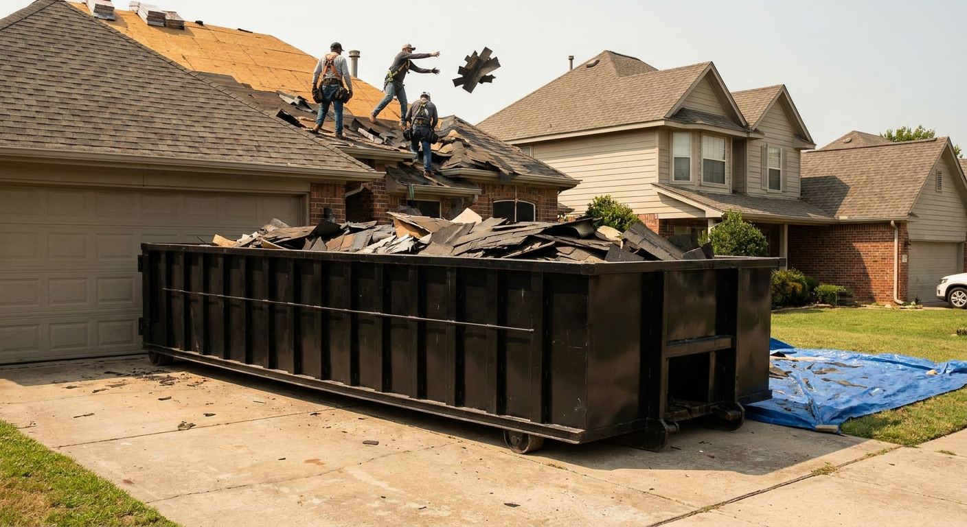Matte-black roofing roll-off dumpster placed directly on a Norman residential concrete driveway, a tear-off crew on a two-story asphalt-shingle roof tossing shingle bundles into the low-walled container, bright daylight, documentary 35mm perspective.