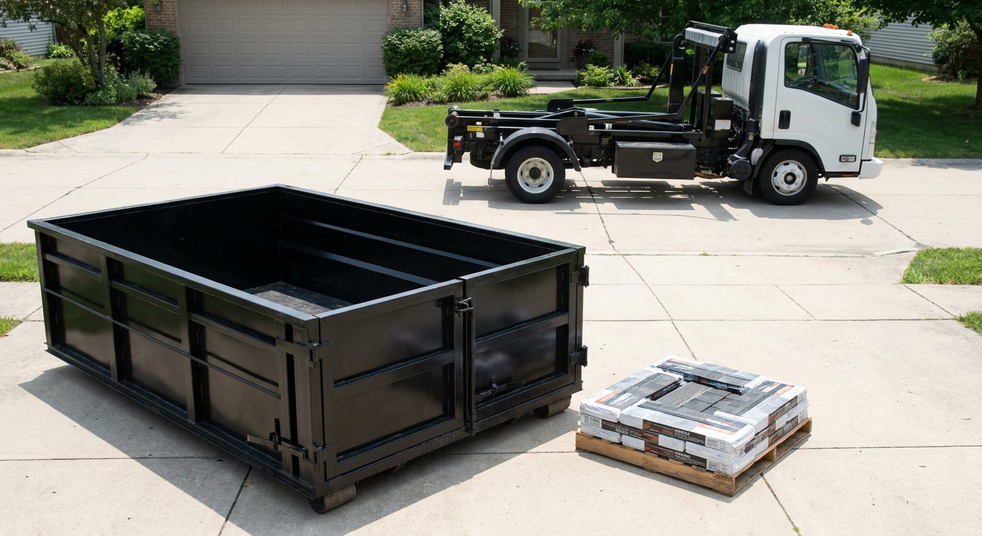 Matte-black 15-yard roofing roll-off dumpster with reinforced low side walls sitting directly on a Norman residential concrete driveway, three-tab asphalt shingle bundles stacked nearby, an unmarked white hauler truck partially visible at the edge of the frame.