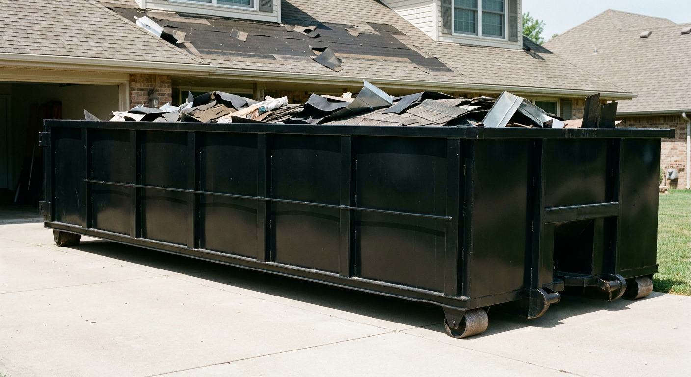 Matte-black 20-yard roofing roll-off dumpster with steel ribbed sides and swinging rear door, sitting directly on the concrete driveway of a two-story Norman home, asphalt shingle debris being loaded over the low wall, clean documentary lighting.