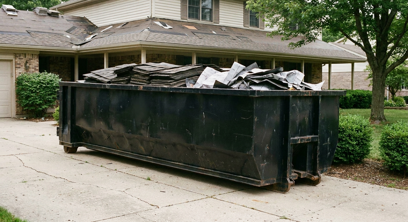 Matte-black 30-yard roofing roll-off dumpster sitting directly on a Norman concrete driveway, taller ribbed steel side panels, mixed tear-off debris of asphalt shingles and underlayment inside, professional documentary daylight.