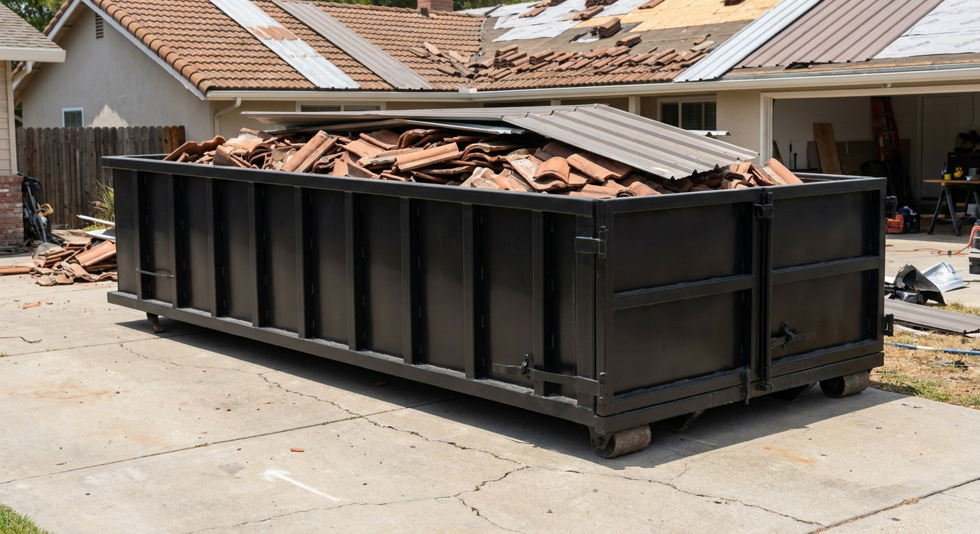 Matte-black low-wall heavy-debris roofing roll-off dumpster sitting directly on a Norman concrete driveway, broken concrete clay roof tiles and metal panel sections loaded inside, reinforced ribbed steel side walls visible, bright outdoor daylight.