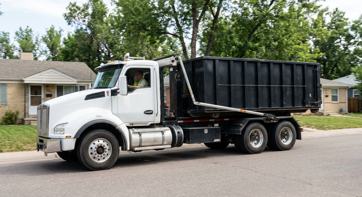 A wide documentary shot of a matte-black roll-off delivery truck pulling onto a quiet Norman residential street at mid-morning, with neighborhood rooftops and tree-lined blocks visible behind, showing the metro coverage footprint.