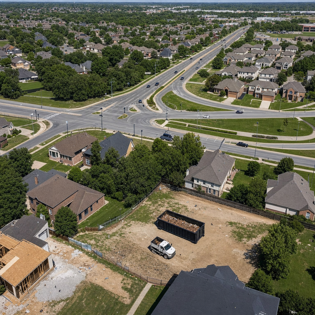 An overhead documentary view of the Norman metro area at midday, showing the spread of neighborhoods, arterial roads, and the dispatch radius from a central yard — clean daylight, organized geographic layout.