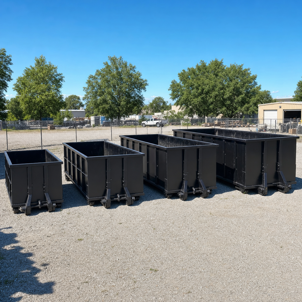 A clean lineup of matte-black roll-off dumpsters in 10, 20, 30, and 40-yard sizes staged on a sunlit gravel yard in Norman, showing the size progression from compact to commercial-scale containers.