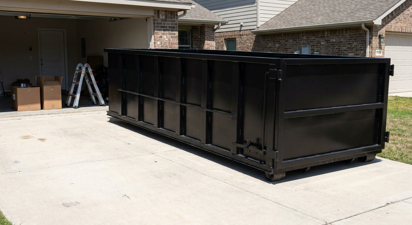 A matte-black 10-yard roll-off dumpster sitting directly on a residential Norman concrete driveway, mid-day sunlight, clean and ready for a garage cleanout.
