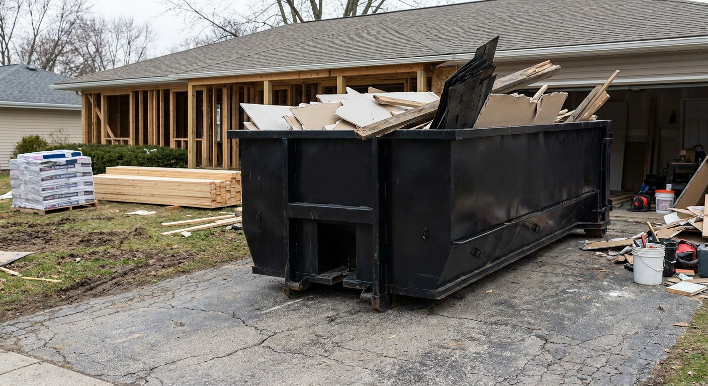 A matte-black 20-yard roll-off dumpster placed alongside a mid-renovation Norman home directly on the asphalt driveway, with framing materials and torn-off shingles staged neatly nearby.