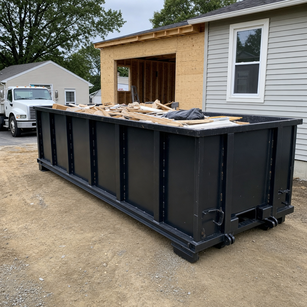 A matte-black 30-yard roll-off dumpster positioned at a Norman residential addition jobsite, with framing lumber and drywall scraps loaded through the open swinging rear doors.