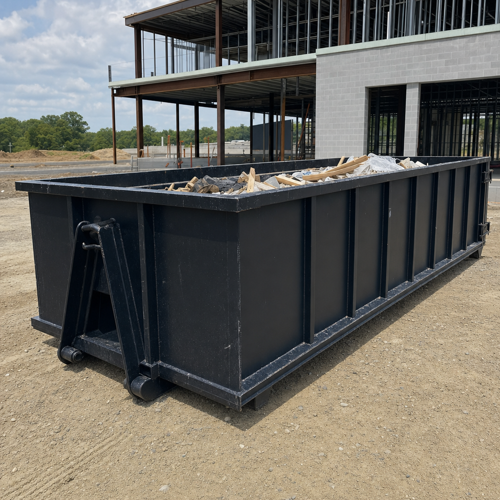 A matte-black 40-yard roll-off dumpster staged on a large Norman commercial construction lot, with a hooklift delivery truck parked alongside under bright midday sky.
