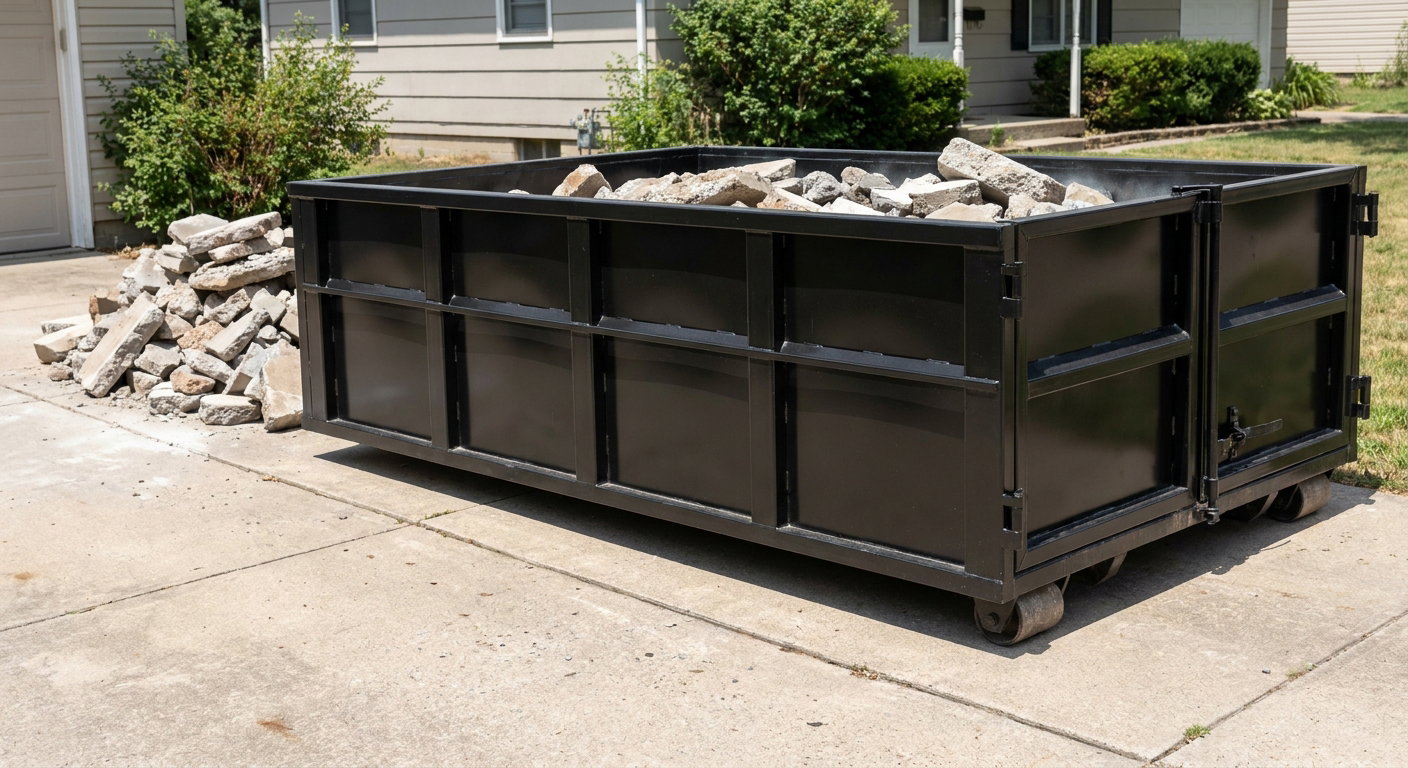 A matte-black low-side heavy-debris roll-off dumpster placed directly on a Norman concrete driveway, with broken concrete chunks neatly stacked beside it under clean daylight.